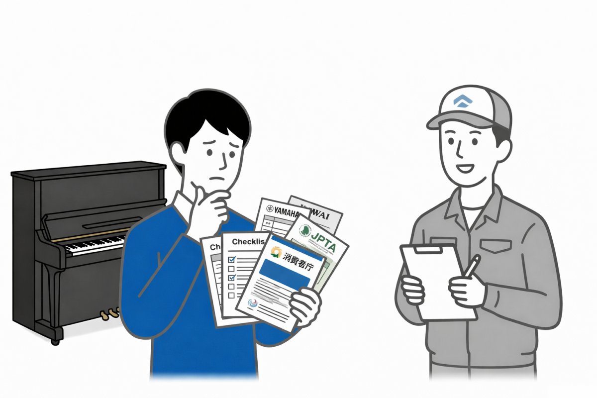 ピアノ処分の方法を業者に相談する人物