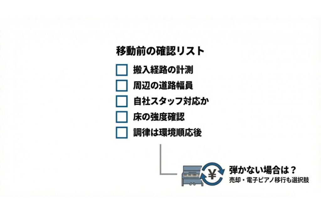 搬入経路計測や床強度確認、調律時期を整理した移動前チェック項目一覧全体を示す解説図
