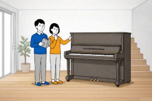 ピアノ移動(室内)を自分たちで行うか迷う男女