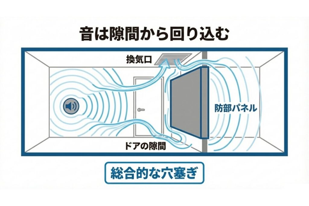 防音パネル設置時もドア下と換気口の隙間から音が回り込む経路を示す図解
