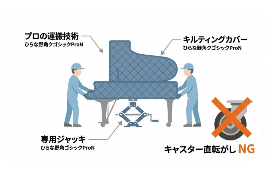 専用ジャッキとキルティングカバーを用いた安全な搬送手順とキャスター直転がし禁止を示す図解