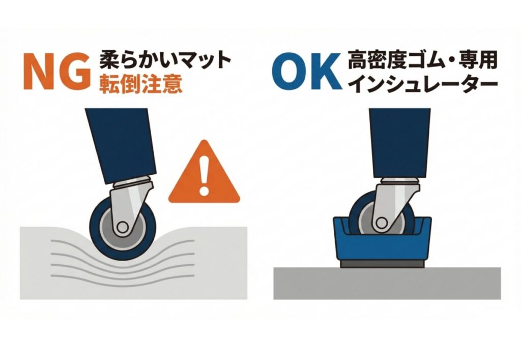 柔らかいマットと高密度ゴム製インシュレーターの防振性の違いを示す図解