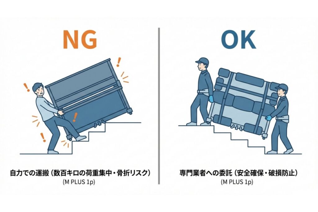 階段搬送での自力運搬と専門業者委託における荷重リスクと養生作業の差を示す比較図