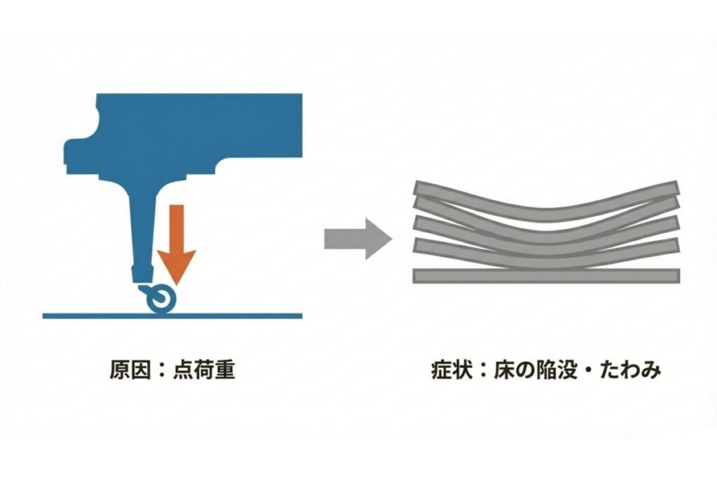 キャスターに生じる点荷重が床の陥没やたわみを招く仕組みを示す図解