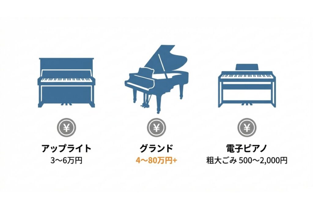 アップライト・グランド・電子ピアノ別の処分費用相場レンジを比較した料金イメージ図