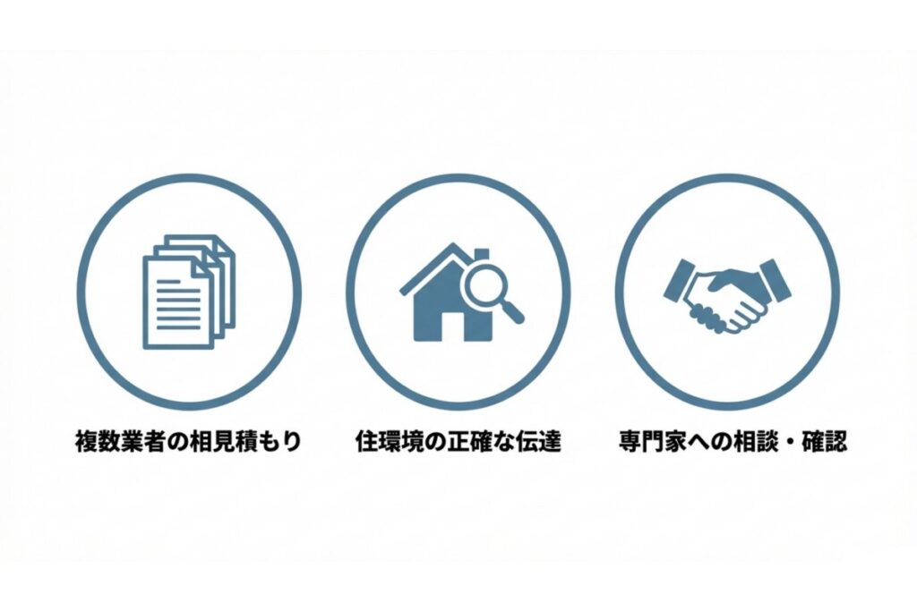 相見積もり、住環境共有、専門家相談の流れを整理した引越し準備図