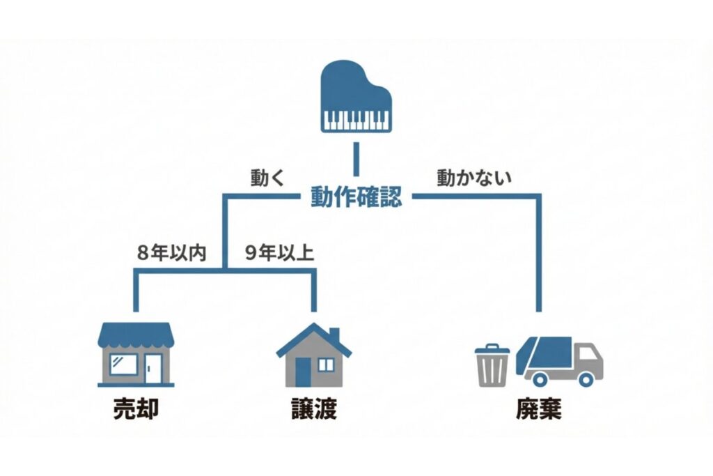 動作確認と製造年式で売却・譲渡・廃棄を分岐するフロー図