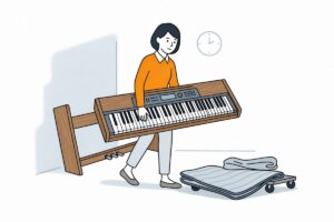 電子ピアノを安全に移動する様子を描いたイラスト