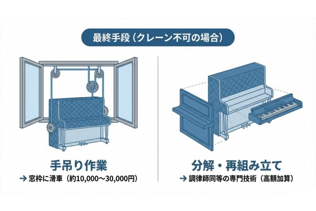 クレーン搬出不可時の手吊り作業と分解再組み立て対応を示す代替手段の図解