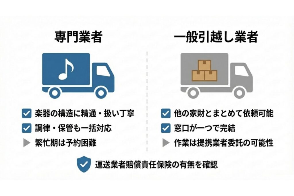 専門業者と一般引越し業者の対応範囲と賠償責任保険確認を示す比較図