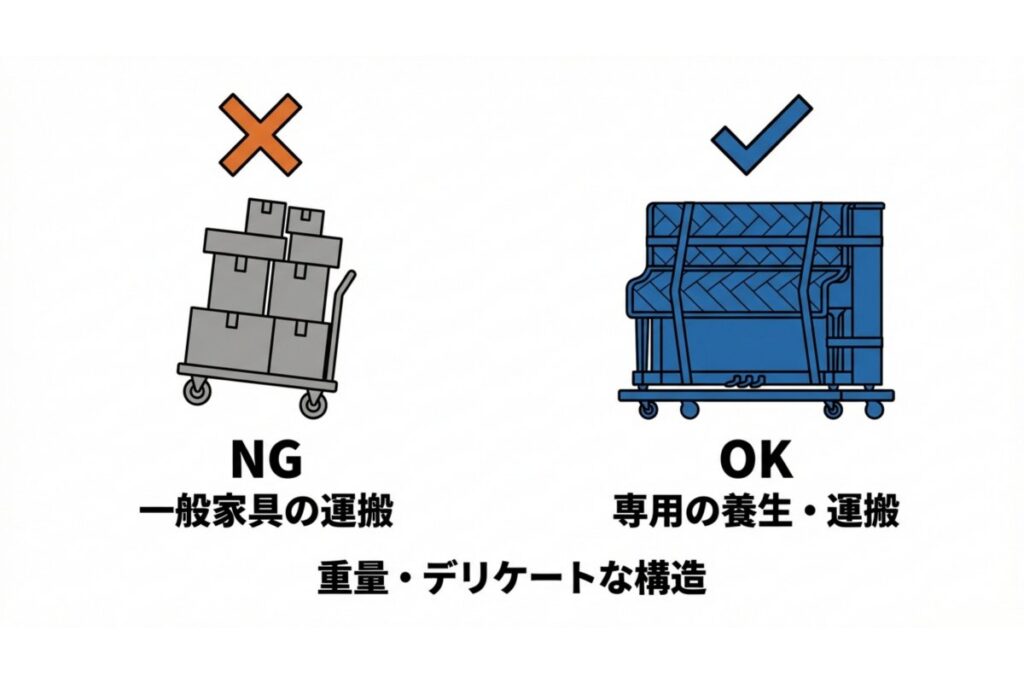 専用の養生資材と運搬台車を用いた、ピアノ運送の基本的な搬送方法を示す解説図