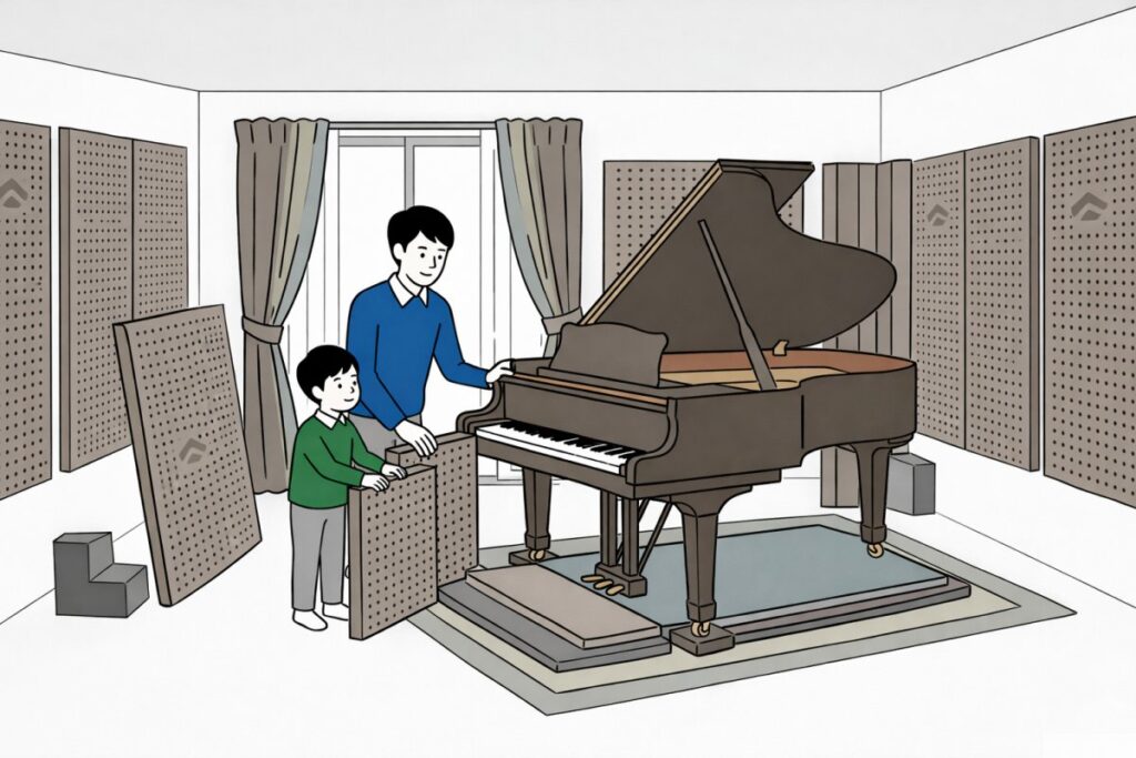 防音室でグランドピアノに防音パネルを設置する親子の様子