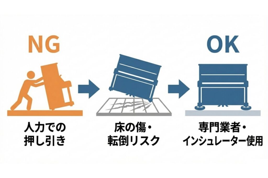 室内での自力移動による床傷や転倒と、インシュレーター使用を比較した図解