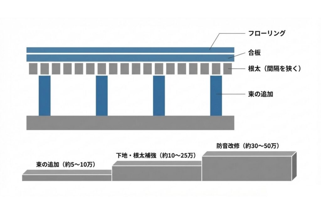 束追加や根太補強、下地改修における床補強工事の費用目安を示す図解