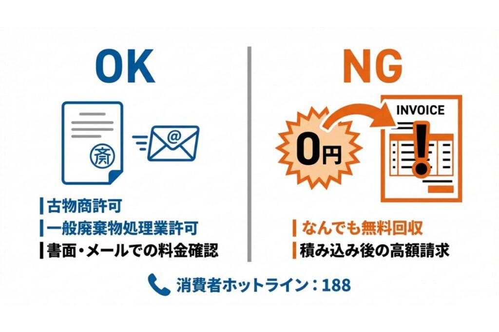 古物商許可と書面見積もりの確認事項、無許可回収の注意点を示す比較図