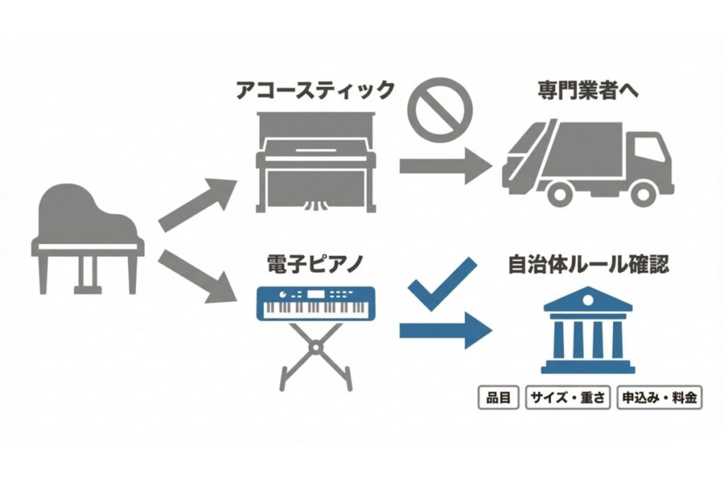 アコースティックピアノは専門業者、電子ピアノは自治体確認で処分する分岐図
