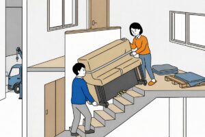 ピアノ移動で2階から1階へ運び下ろす様子