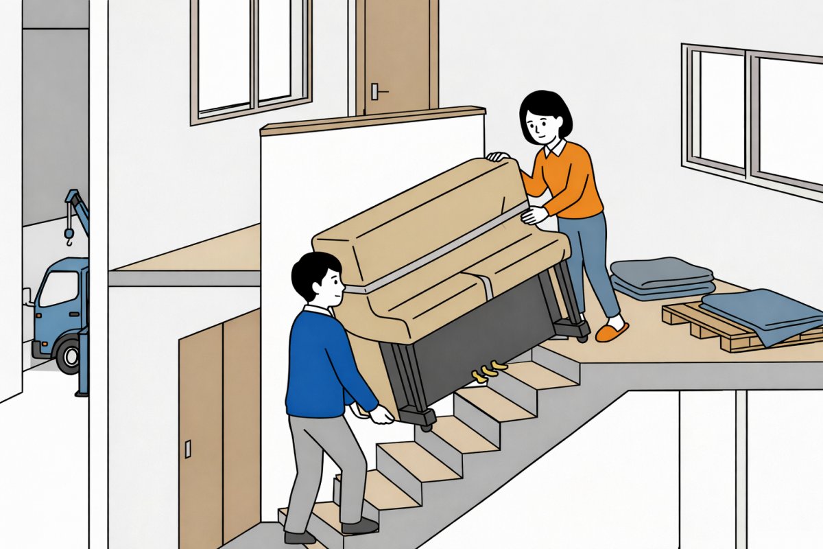 ピアノ移動で2階から1階へ運び下ろす様子