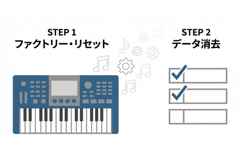 ファクトリーリセットと録音データ消去の手順を示したステップ図