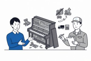 ピアノ処分について業者に相談して悩む場面のイラスト