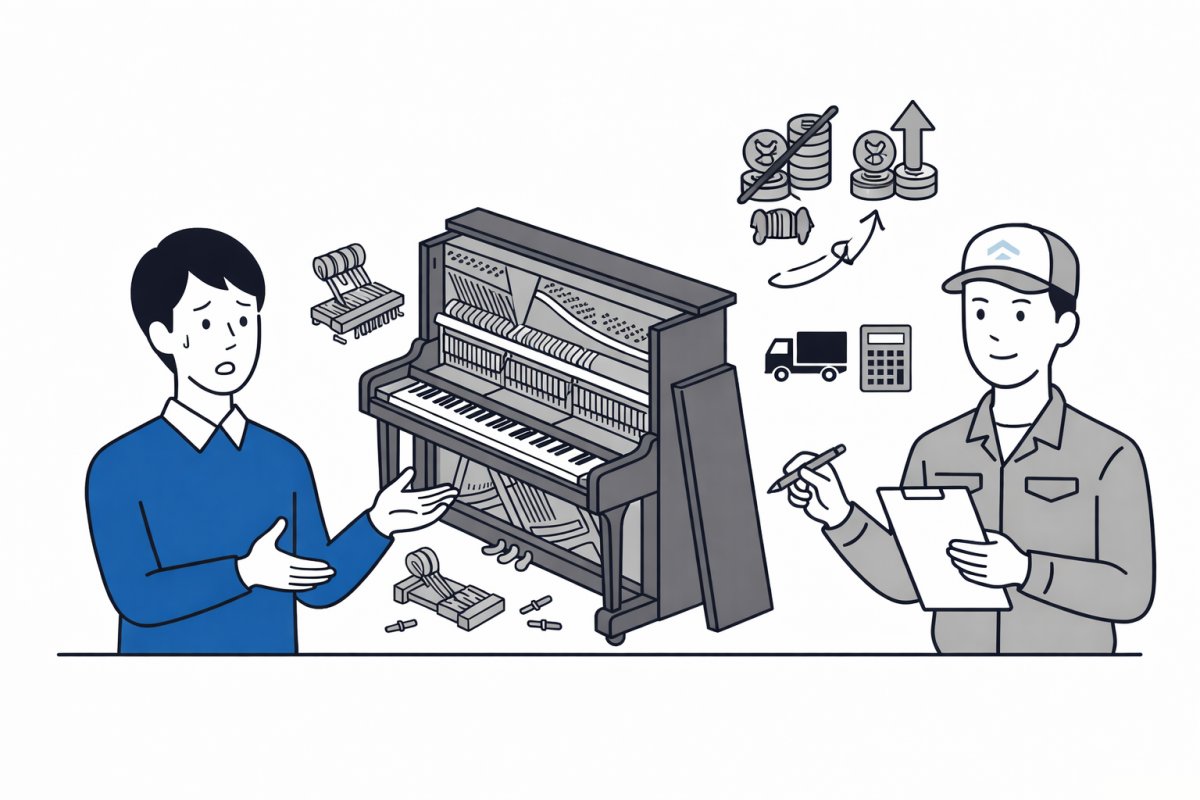 ピアノ処分について業者に相談して悩む場面のイラスト