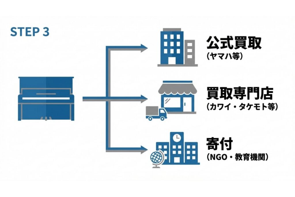 公式買取・買取専門店・寄付の3つの依頼先を示す処分フロー図