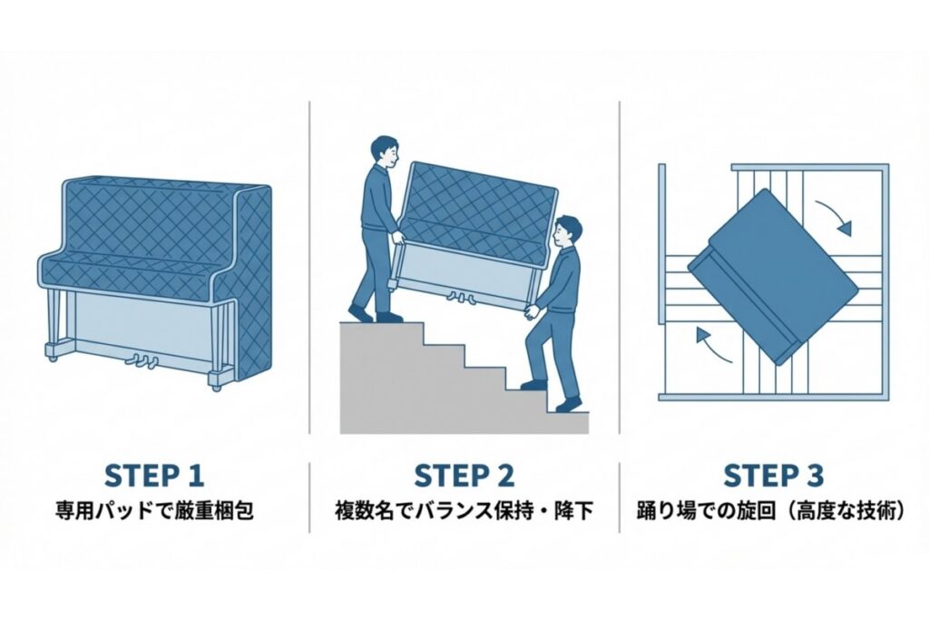 養生パッドによる梱包から階段降下、踊り場旋回までの搬出手順を示すステップ図