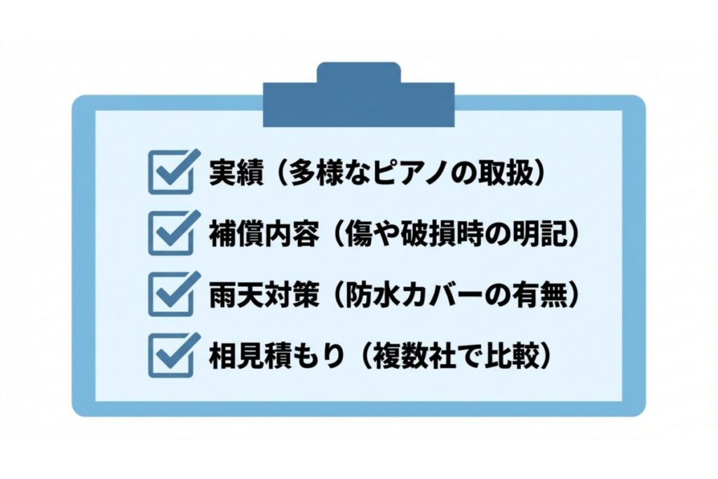 補償内容、取扱実績、雨天対策、相見積もりの確認項目を整理したチェック図