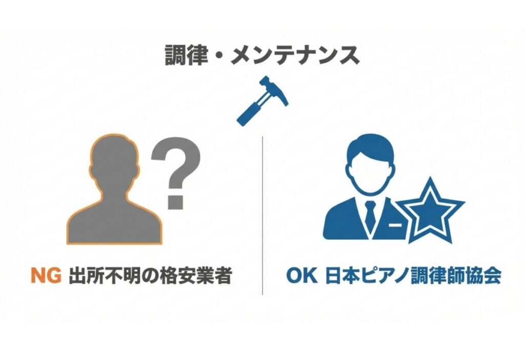 出所不明の格安業者と日本ピアノ調律師協会の比較で依頼先を示す解説図
