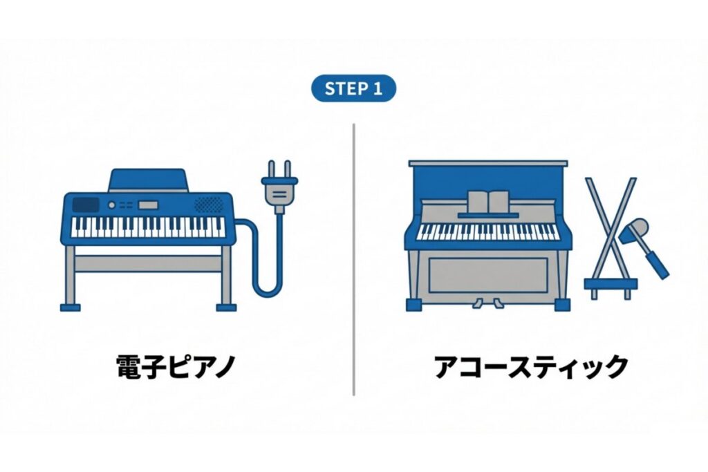 電子ピアノとアコースティックピアノの処分方法の違いを示す比較イメージ