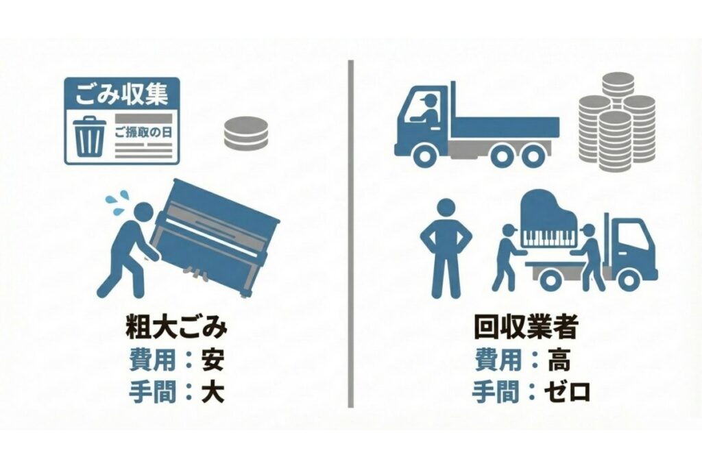 粗大ごみ回収と不用品回収業者の費用差と搬出負担を比較した解説図