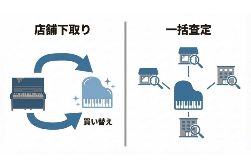 店舗下取りと一括査定による電子ピアノ売却方法を示す比較図