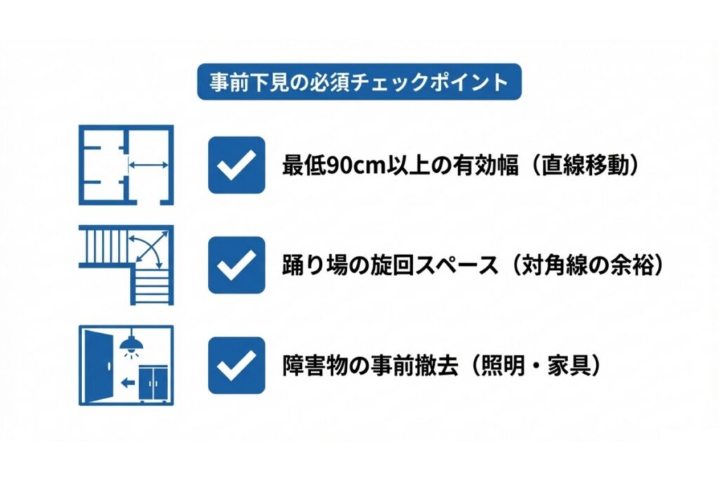 有効幅90cm以上と踊り場の旋回スペース、障害物撤去の確認項目を示す解説図