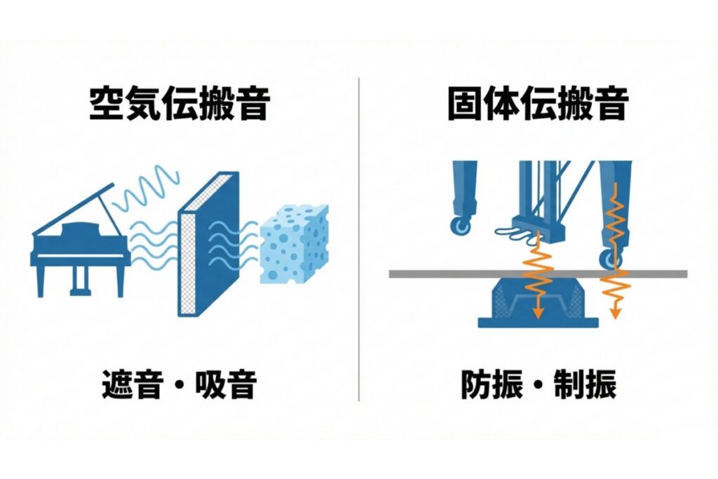 空気伝搬音と固体伝搬音に対する遮音・吸音・防振の役割を示す解説図