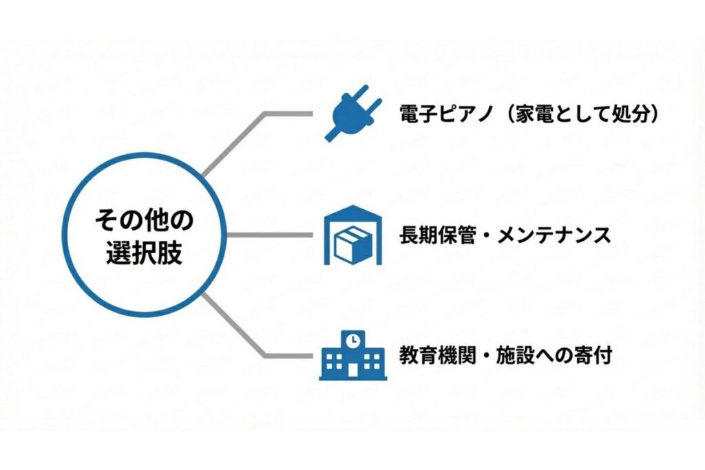 電子ピアノの家電としての処分、長期保管、教育機関への寄付という選択肢を示す図解