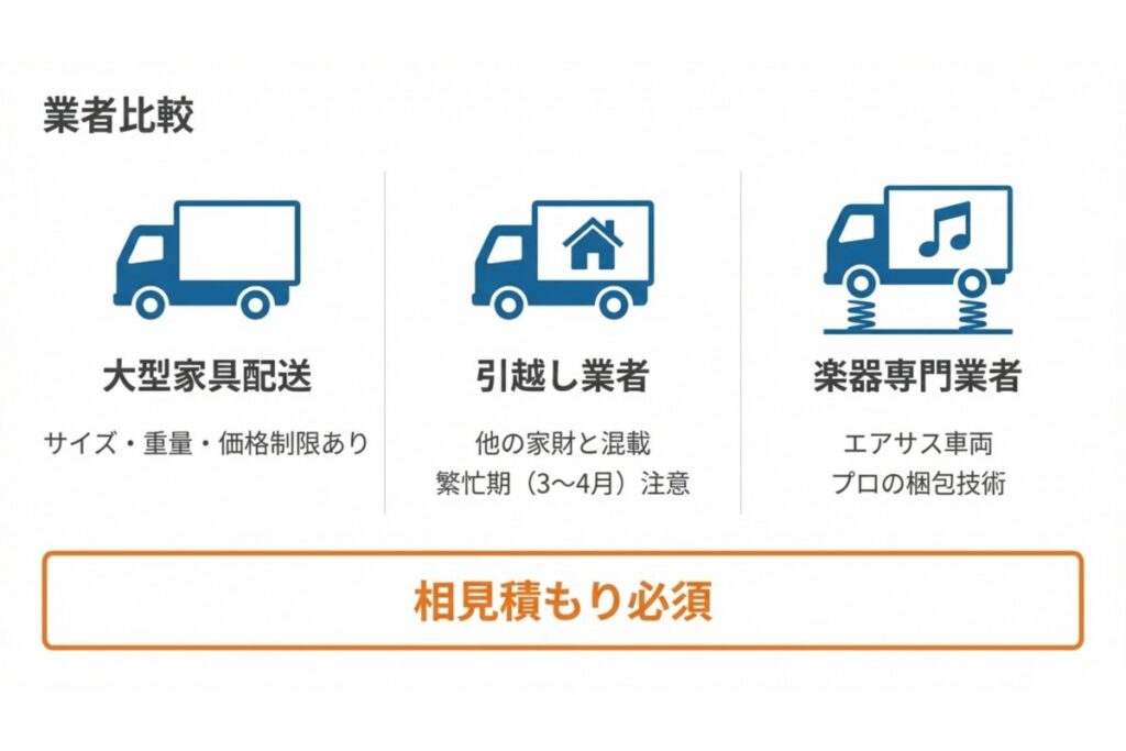 大型家具配送・引越し業者・楽器専門業者の対応差と相見積もり必須を示す比較図