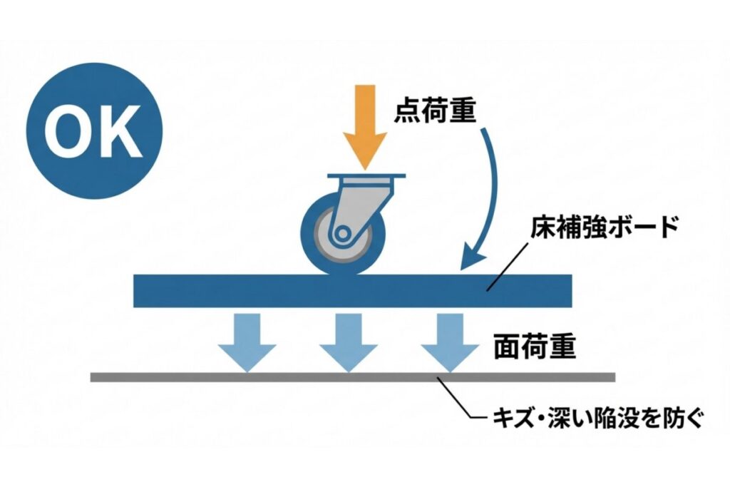床補強ボードで点荷重を面荷重へ分散し深い陥没や傷を防ぐ仕組みを示す図解
