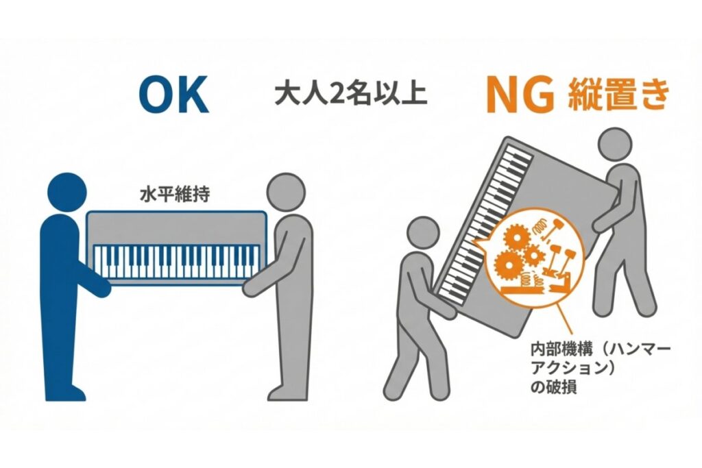 大人2名で鍵盤を水平維持し、縦置きによるハンマーアクション破損を避ける解説図