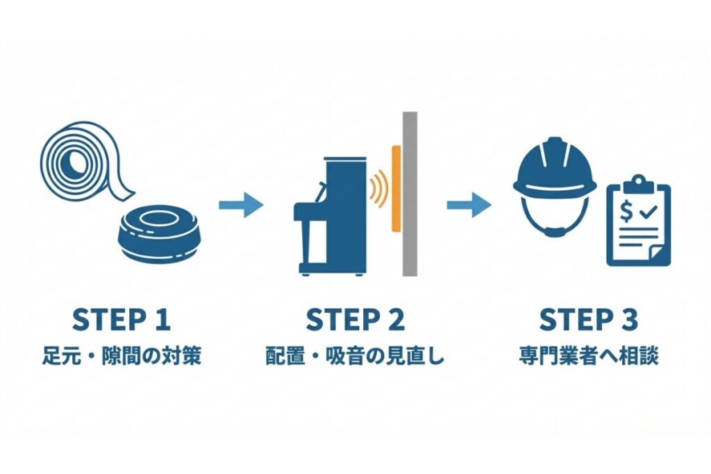 足元の防振対策から配置見直し、専門業者相談までの手順を示すステップ図