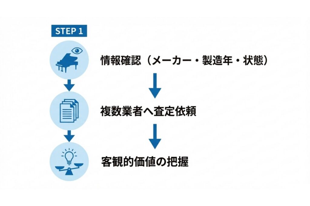 メーカー名や製造年、状態確認から複数業者の買取査定へ進み客観的価値を把握するステップ図