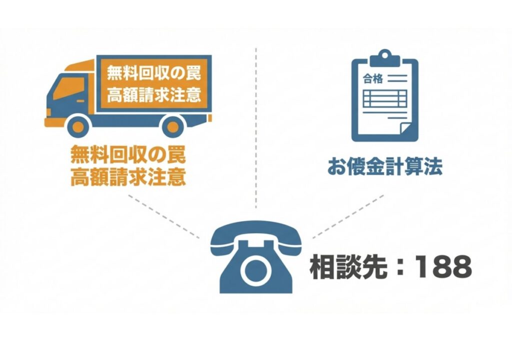 無料回収後の高額請求や料金計算トラブルと消費者ホットライン188を示す図解