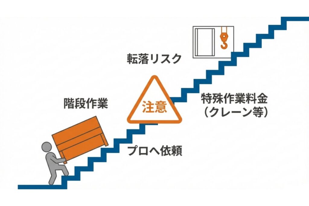 階段搬入での転落リスクとクレーン対応を含む特殊作業料金の発生を示す解説図