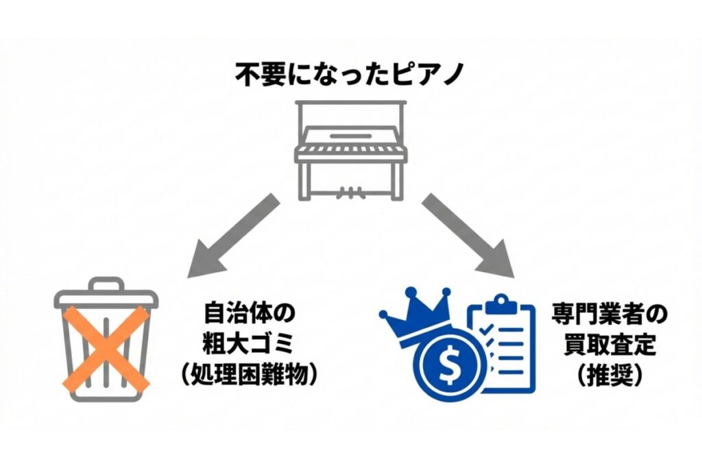 不要なピアノの自治体処分と専門業者の買取査定を比較した選択フロー図