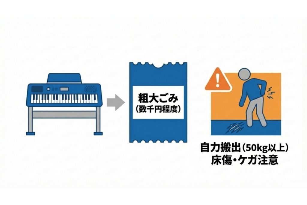 電子ピアノの自治体粗大ごみ回収と自力搬出時の注意点を示す解説図