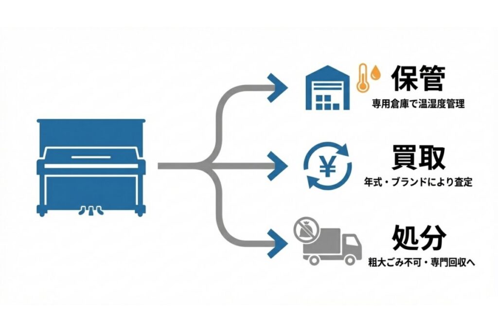 保管・買取・処分へ分岐するピアノ引越し後の対応方法を示す解説図
