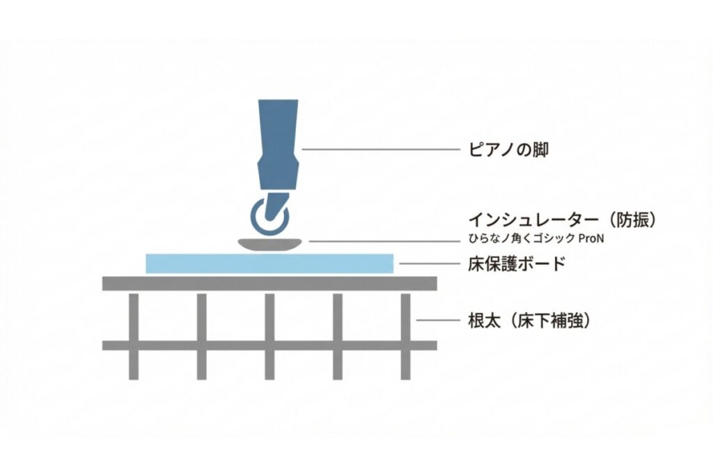 インシュレーターと床保護ボード、床下補強による防振対策と荷重分散の構造を示す図解