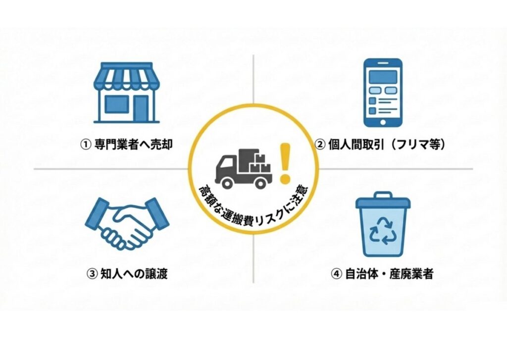 専門業者への買取、個人売買、知人譲渡、自治体処分の選択肢と運搬費リスクを示す図解