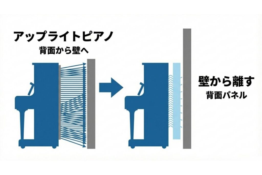 アップライトピアノの背面放射と壁から離す設置・背面パネルを示す解説図