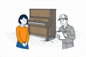 ピアノで床が抜けた現場を業者が点検するイメージ