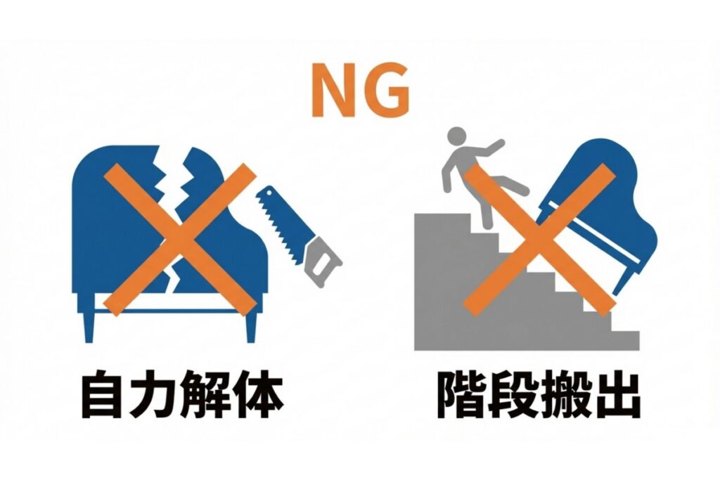 自力解体と階段搬出による事故リスクを示した電子ピアノ処分の注意図